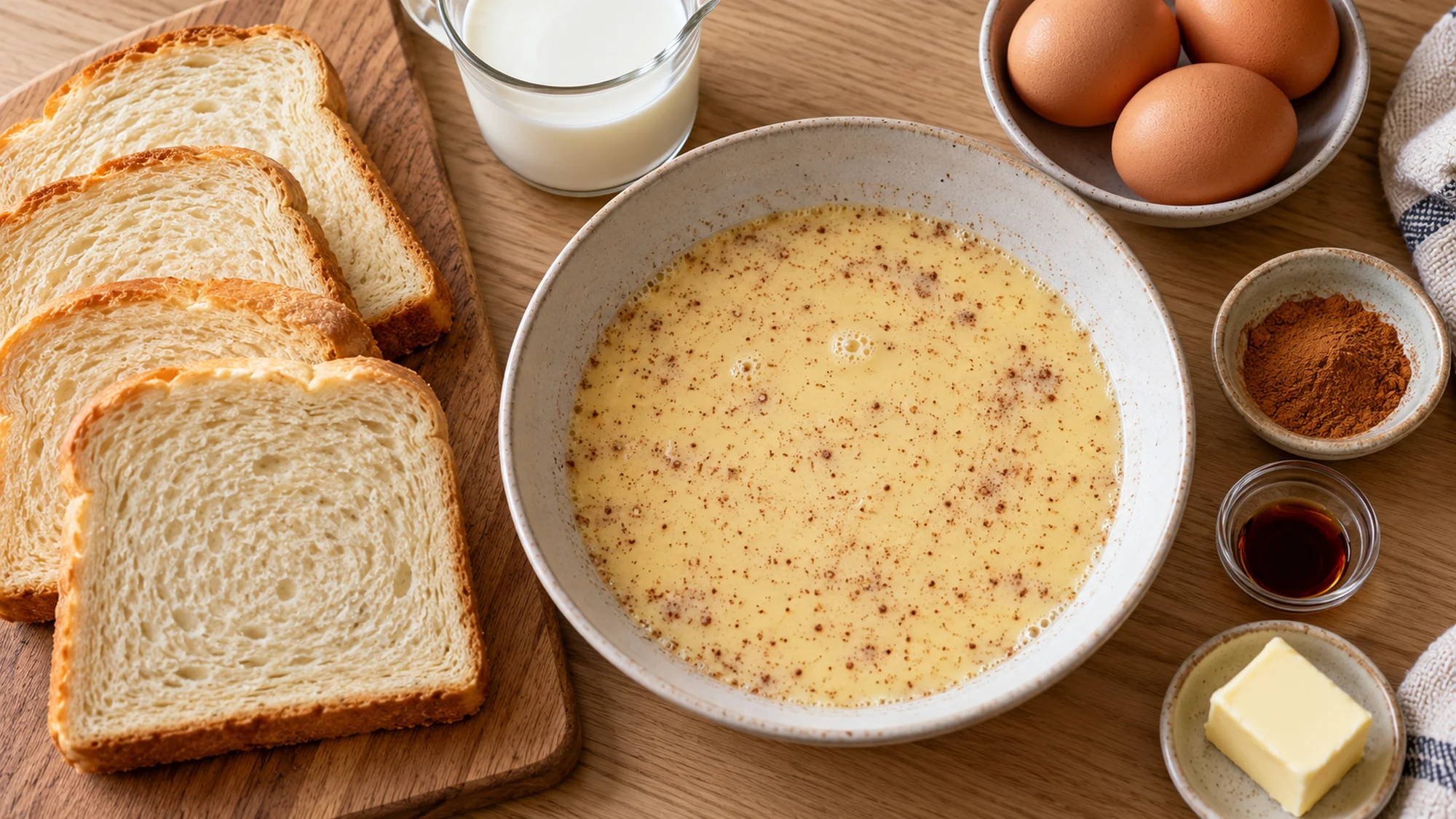 Bread, egg-and-milk custard, cinnamon, vanilla and butter for French toast