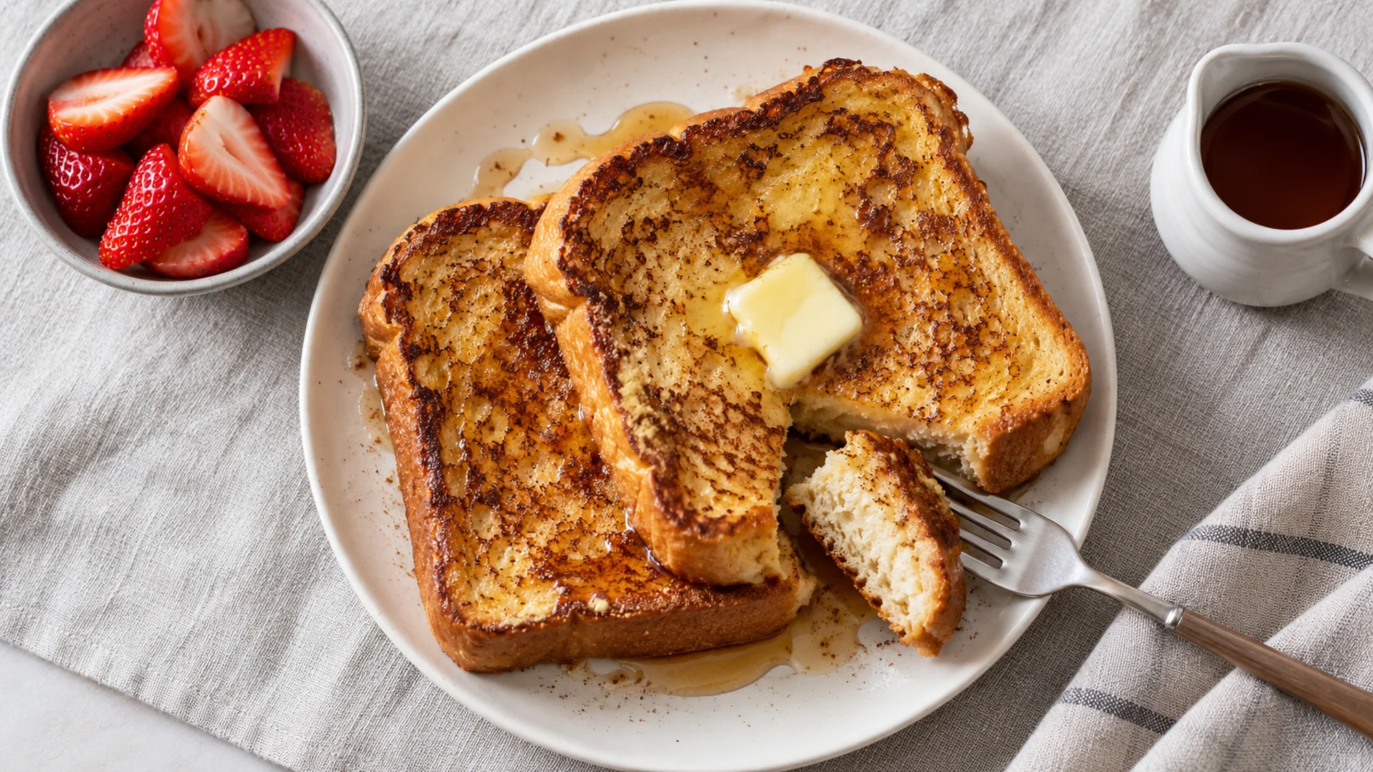 Overhead plate of French toast with optional strawberries and maple syrup served on the side