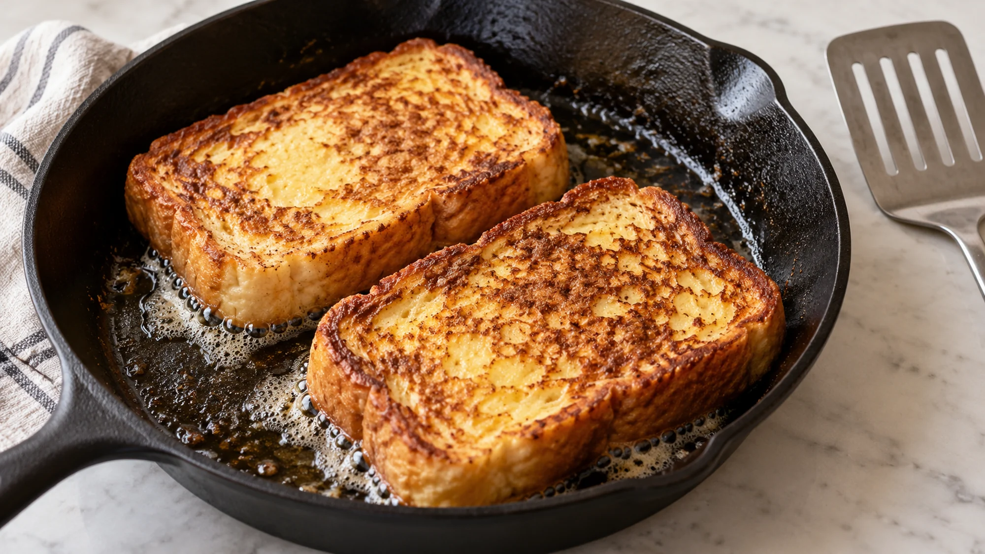 Two slices of French toast browning in a buttered skillet