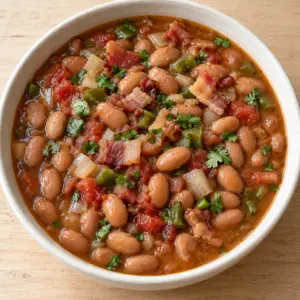 Square view of brothy frijoles charros with pinto beans and small bacon pieces