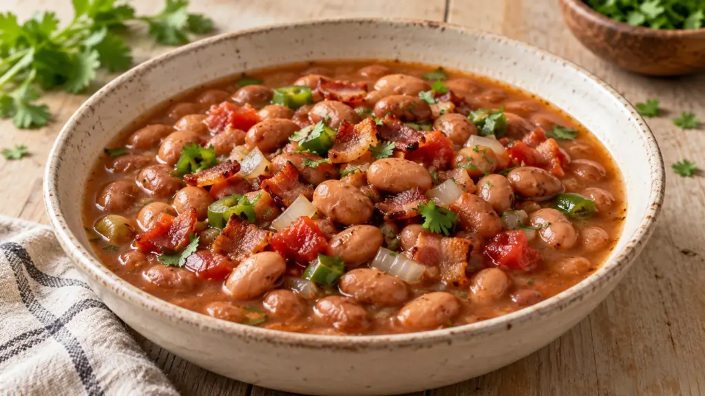 Frijoles charros with whole pinto beans, bacon, tomato and cilantro in a brothy bowl