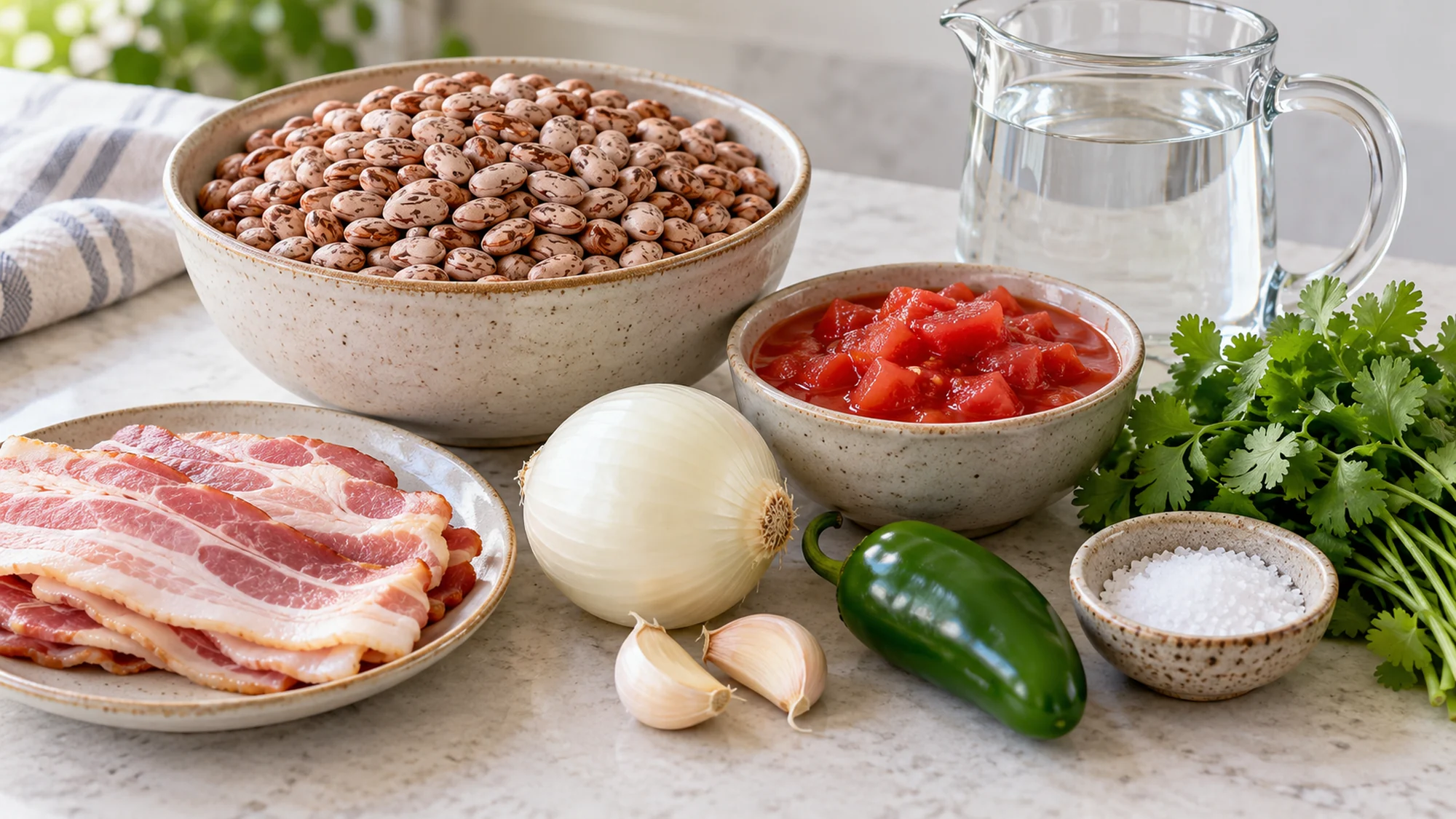 Dried pinto beans, bacon, onion, garlic, jalapeño, tomatoes and cilantro for frijoles charros
