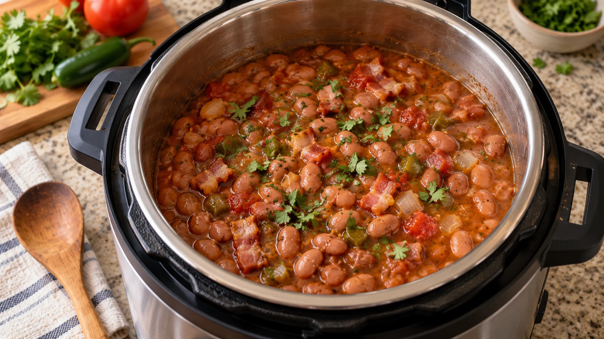 Cooked frijoles charros in an open electric pressure cooker, finished with cilantro