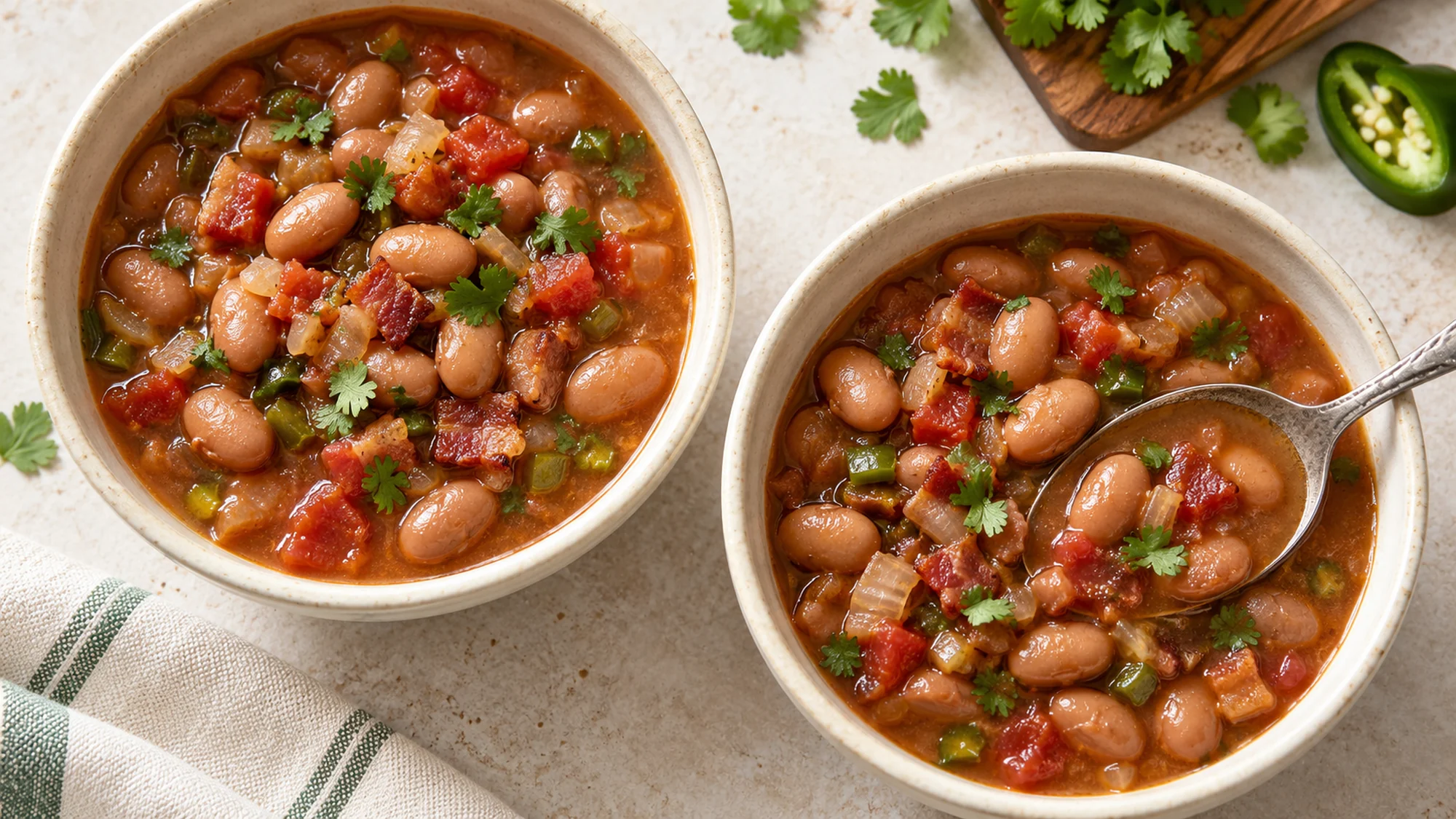 Two side-dish bowls of frijoles charros with pinto beans, bacon and tomato broth