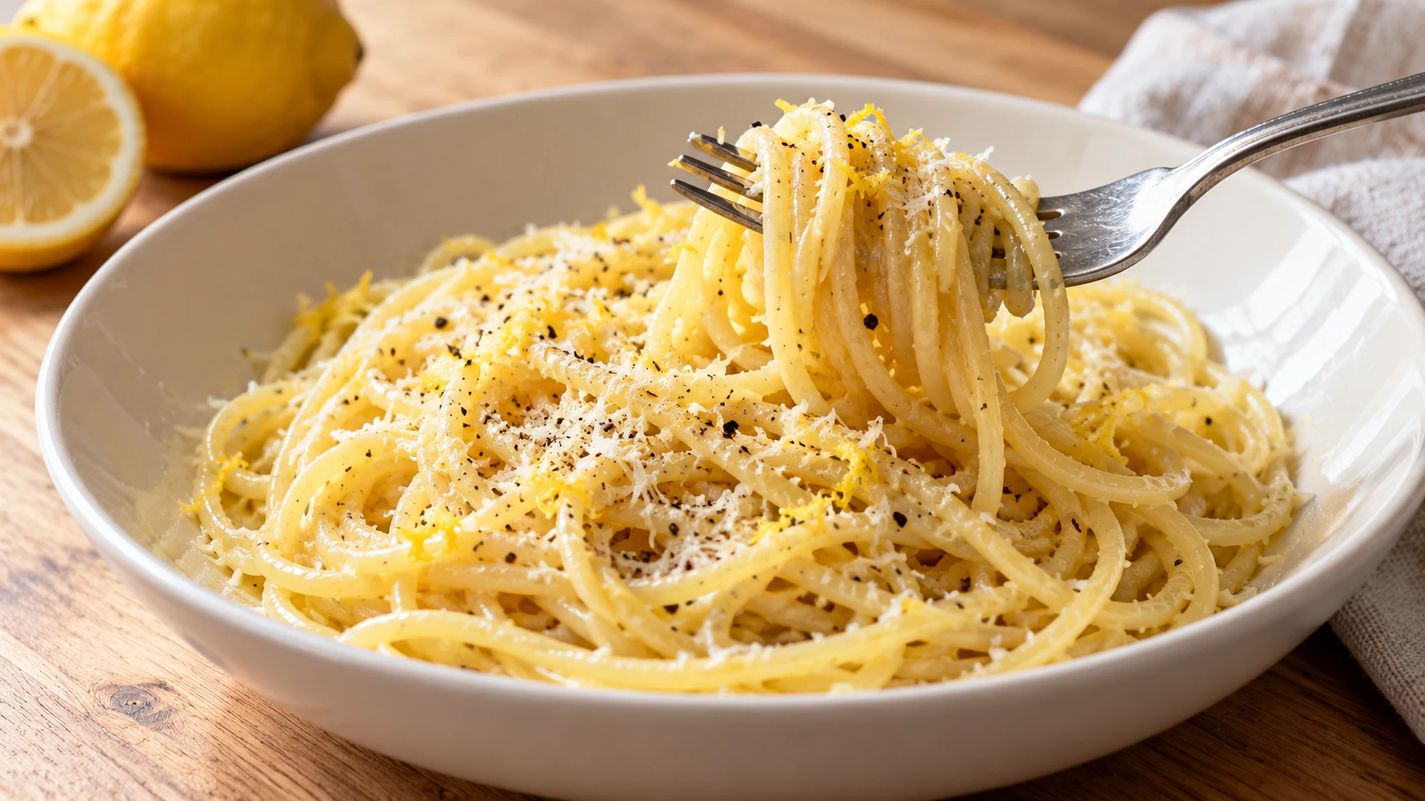 Frozen lemon pasta strands twirled around a fork above an ivory bowl