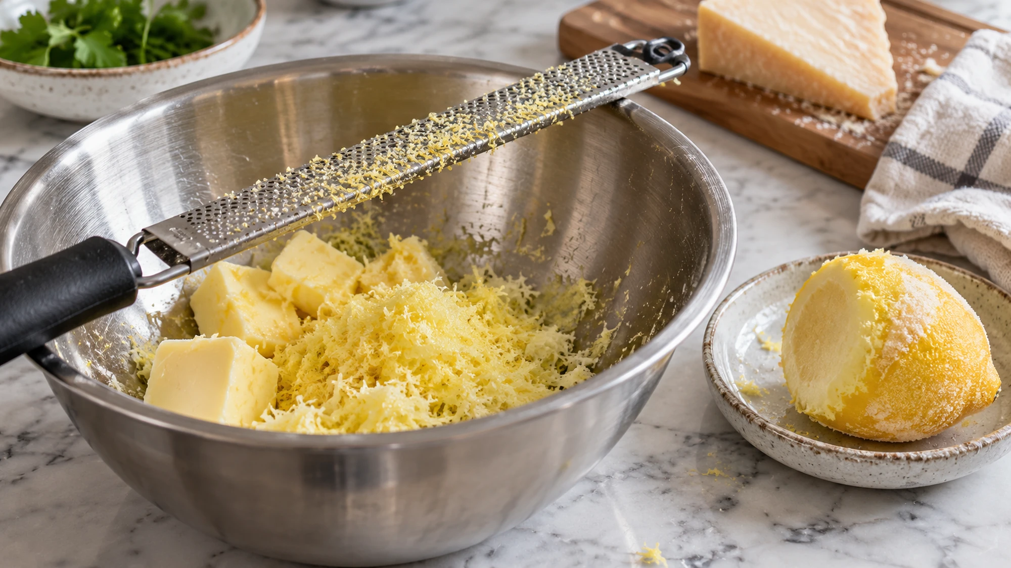 Frozen lemon pasta preparation with a fine grater, frozen lemon and butter in a mixing bowl