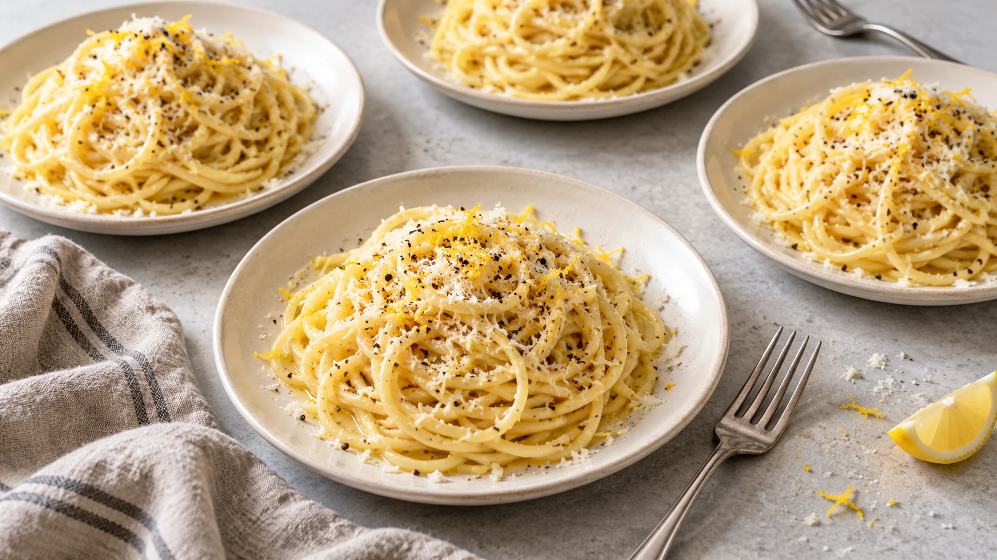 Frozen lemon pasta divided between four plates with Parmesan and black pepper