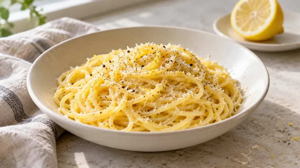 Frozen lemon pasta in an ivory bowl with finely grated Parmesan, lemon flecks and black pepper