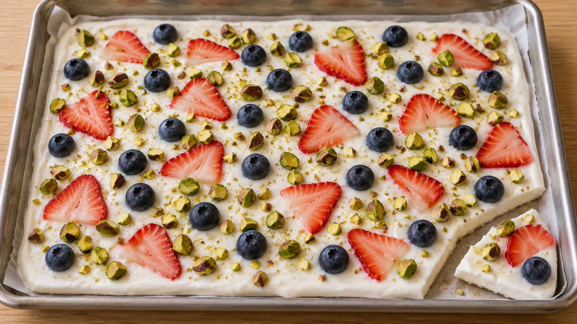 Frozen yogurt bark in an even sheet topped with berries and pistachios