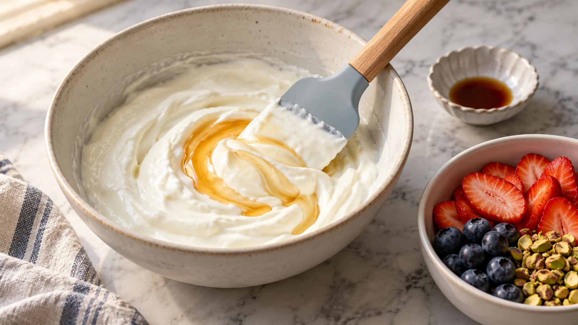 Honey folding into Greek yogurt for frozen yogurt bark beside the berry toppings