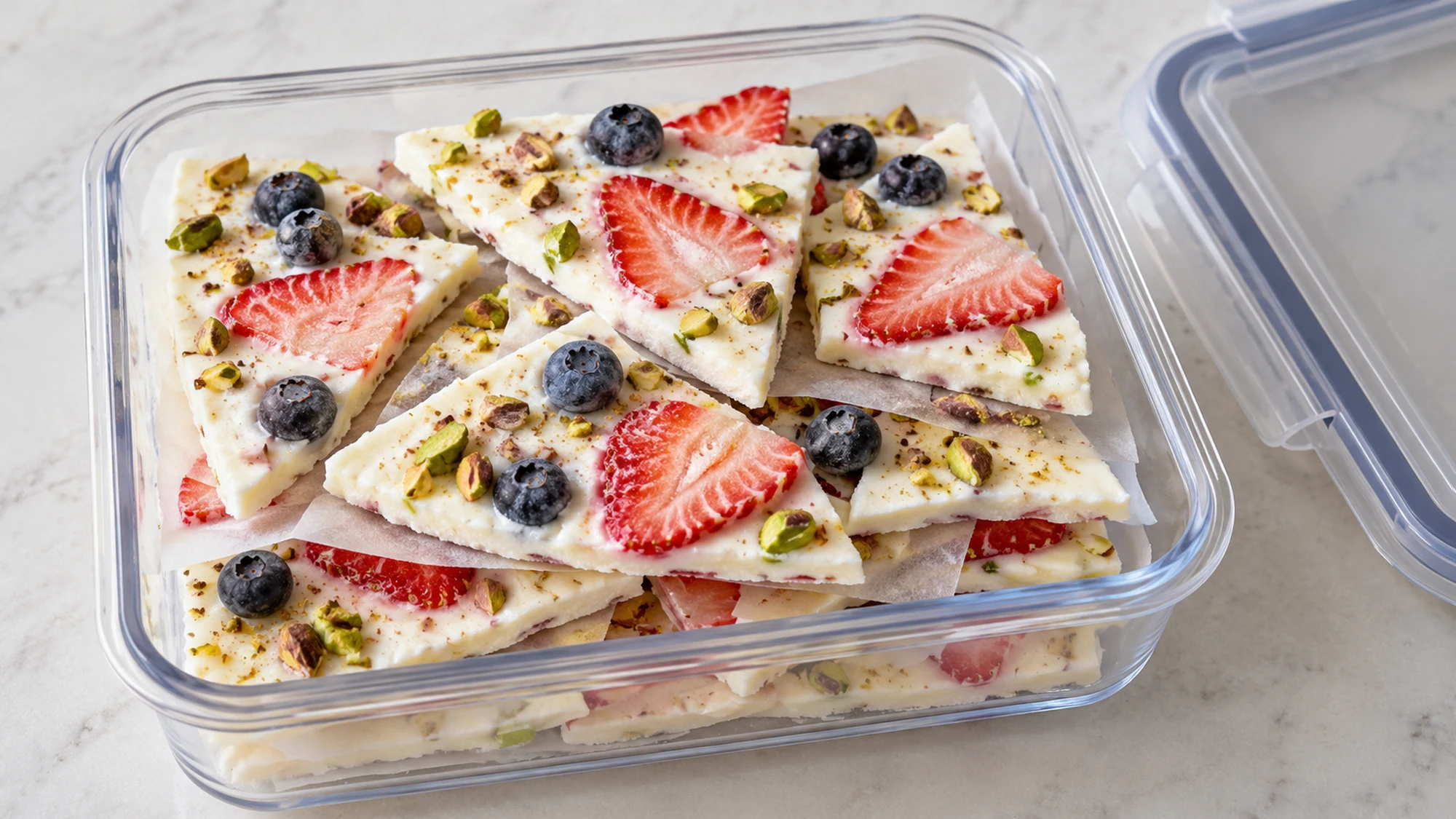 Frozen yogurt bark stored with parchment between pieces in an airtight container