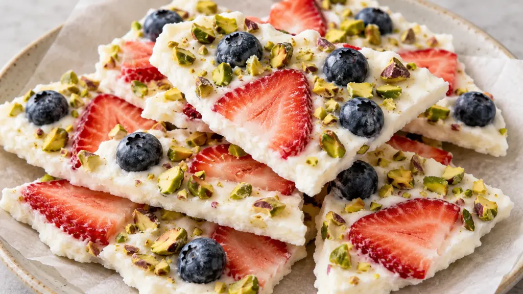 Frozen yogurt bark pieces with strawberries, blueberries, and chopped pistachios on a plate