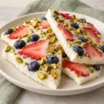 Frozen yogurt bark shards showing the white yogurt base and berry toppings