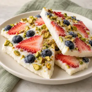 Frozen yogurt bark shards showing the white yogurt base and berry toppings