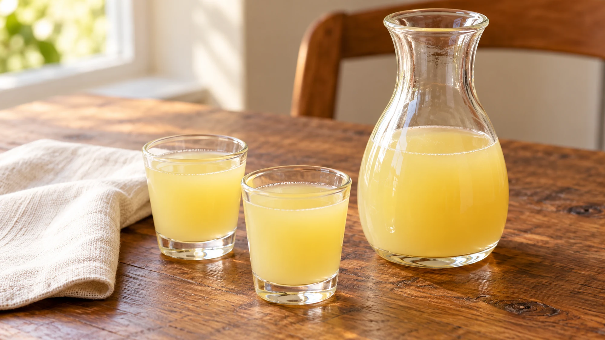 Ginger shot servings beside a carafe of lemon-ginger drink