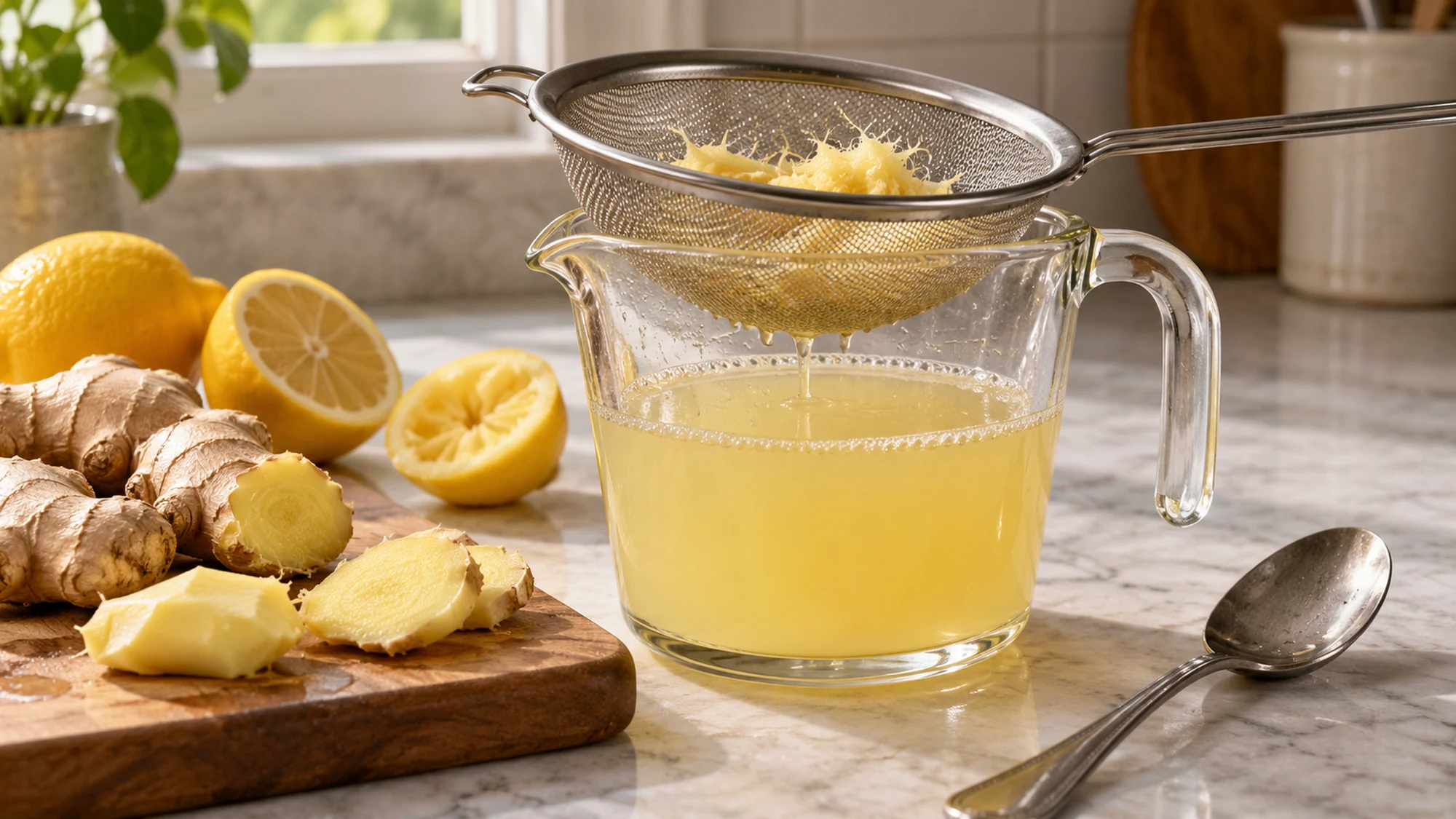 Straining a ginger shot through a fine-mesh sieve into a jug