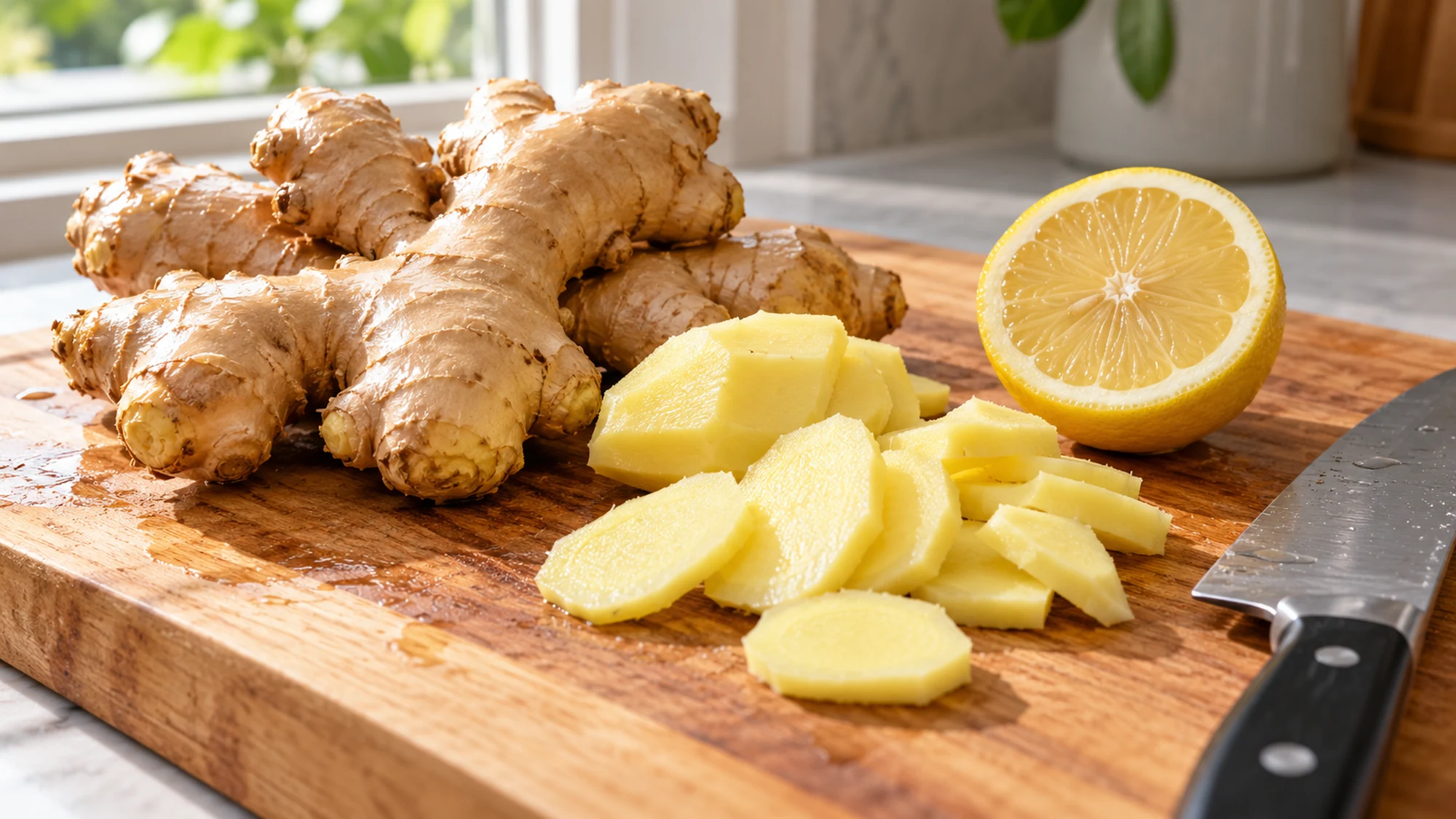 Fresh ginger and lemon prepared for a ginger shot