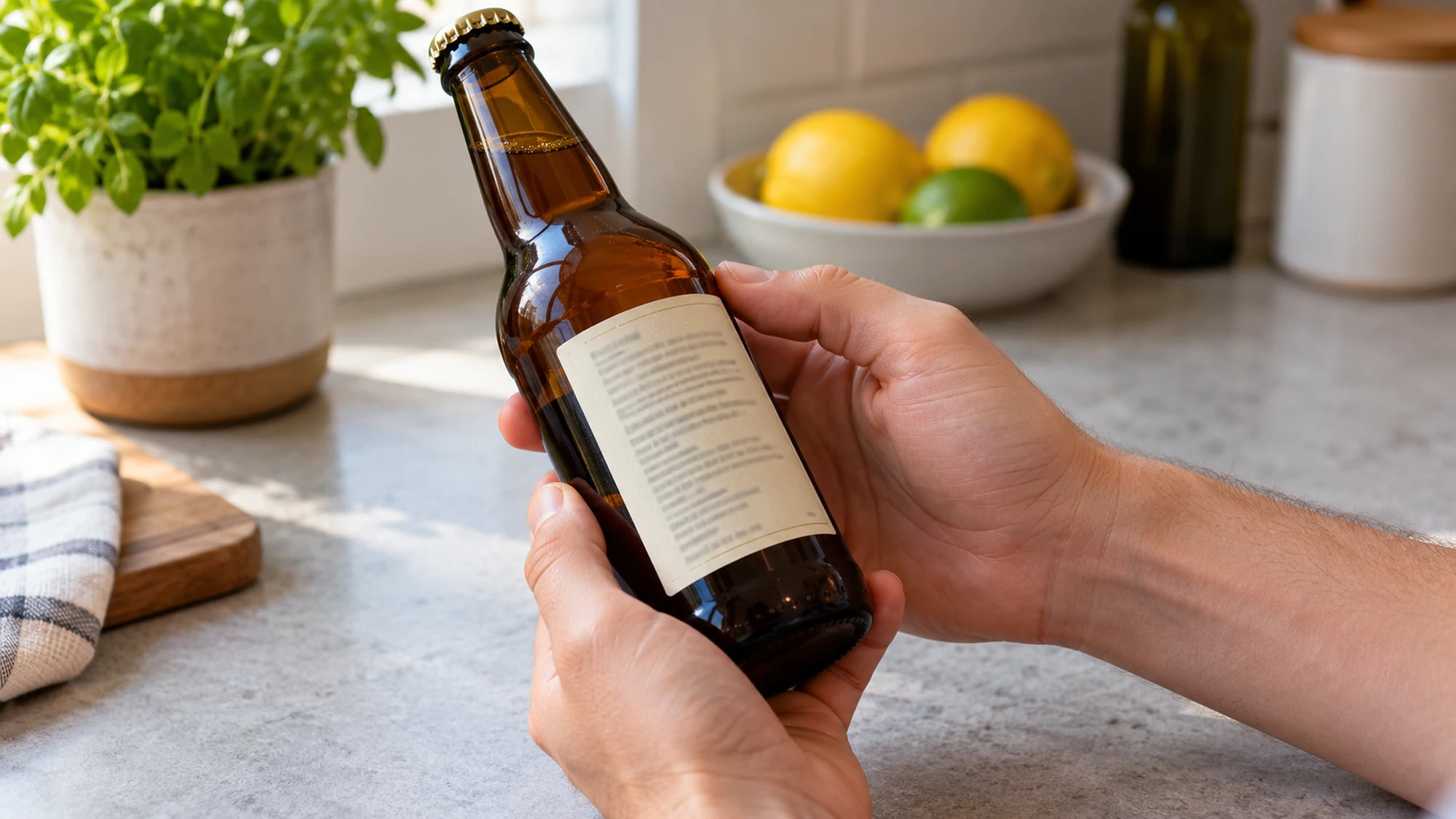 Adult hands holding a capped amber bottle with an out-of-focus back label.