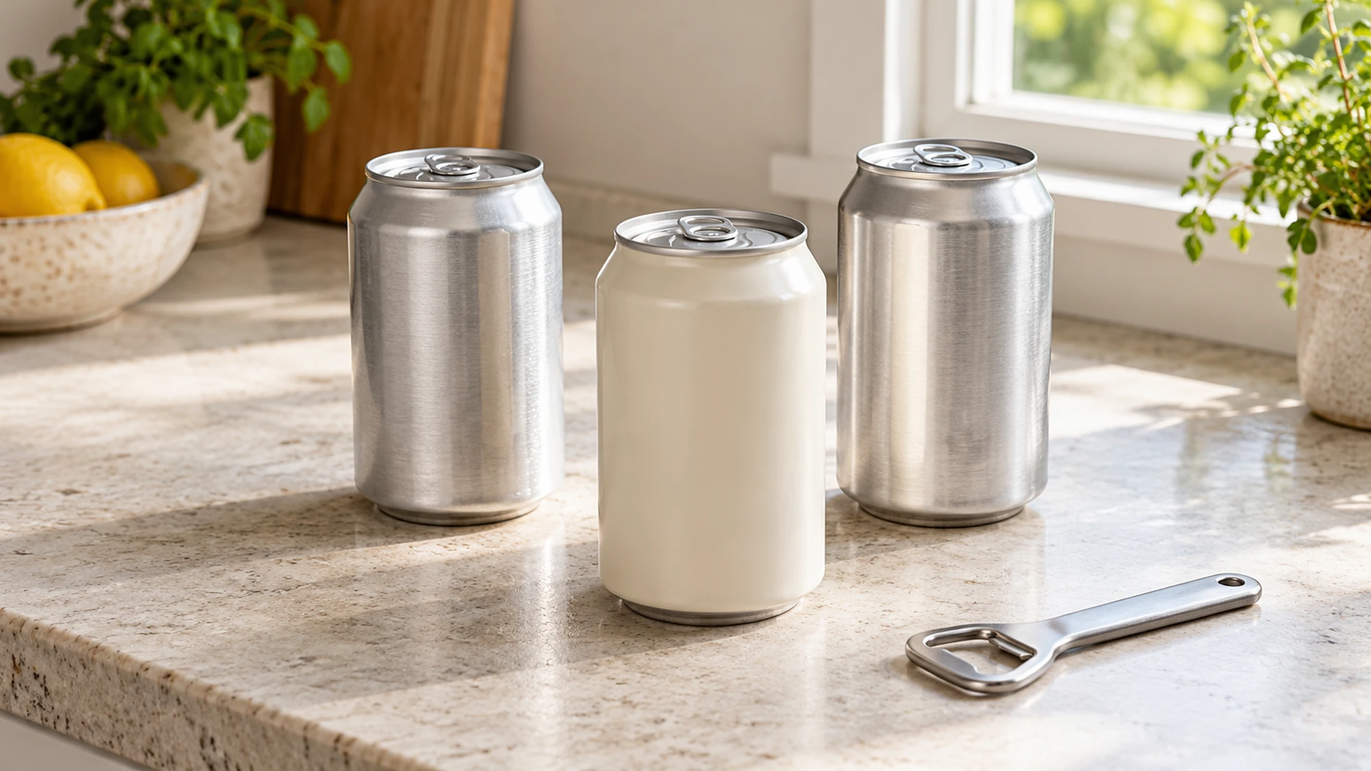 Three plain unopened beverage cans beside a metal bottle opener on a kitchen counter.