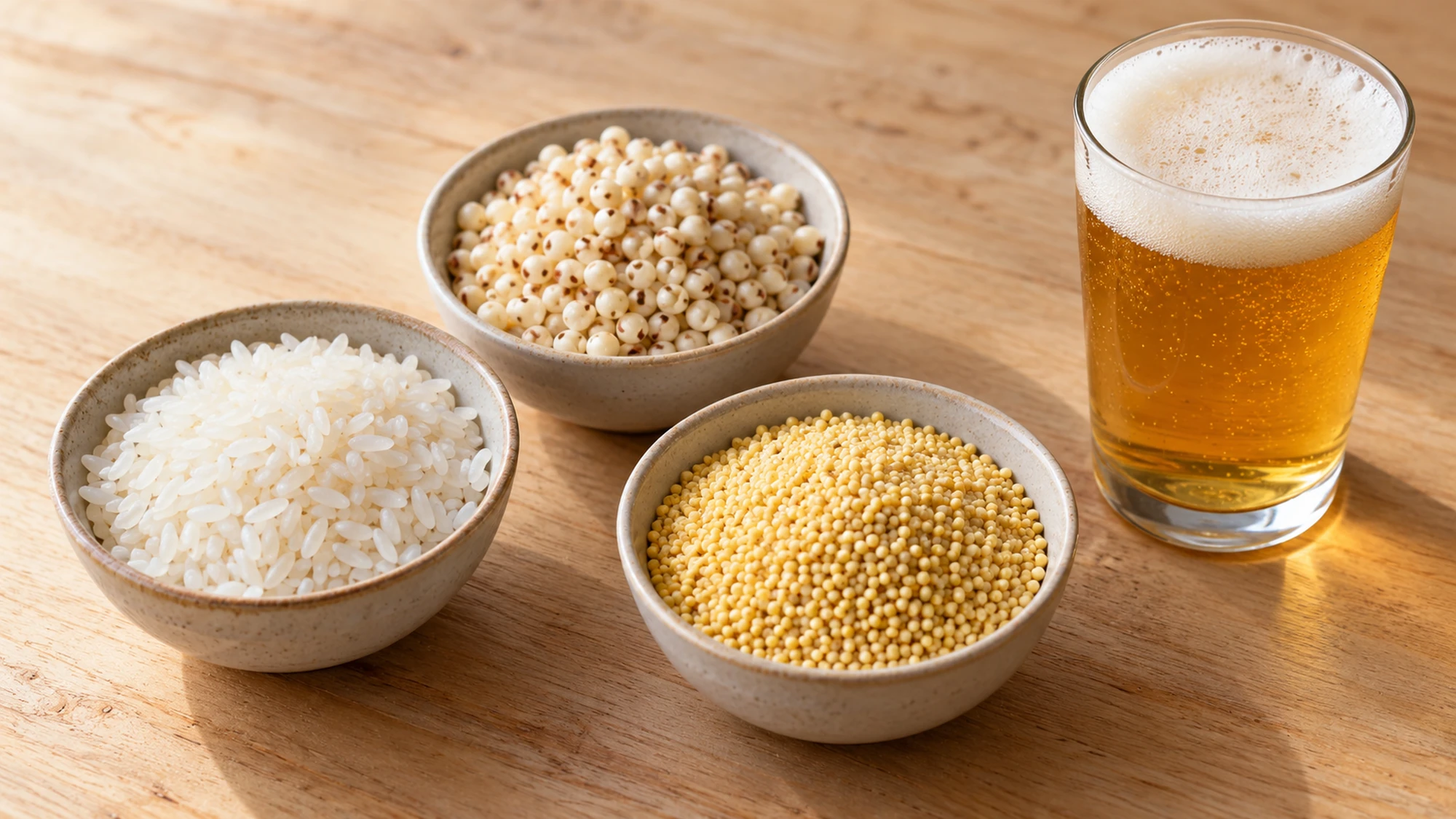 Three separate bowls of white, pale tan, and yellow grains beside a glass of golden beer.