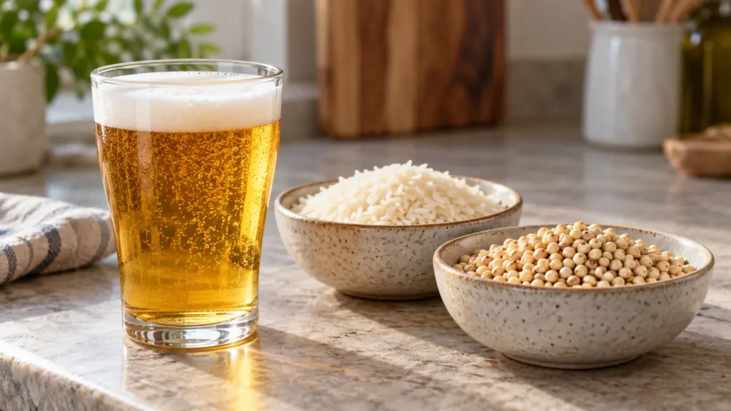 A glass of golden beer beside separate ceramic bowls of white rice and round pale grains.