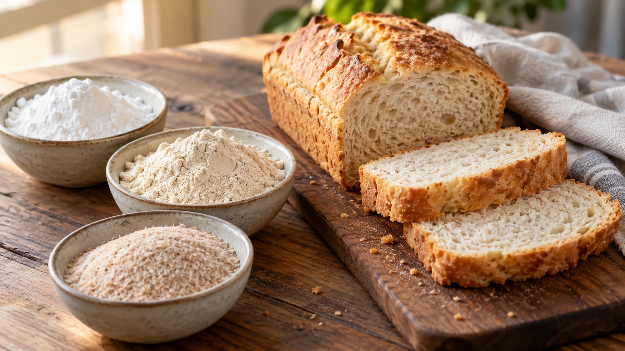 Bowls of pale flours and husk beside sliced bread.