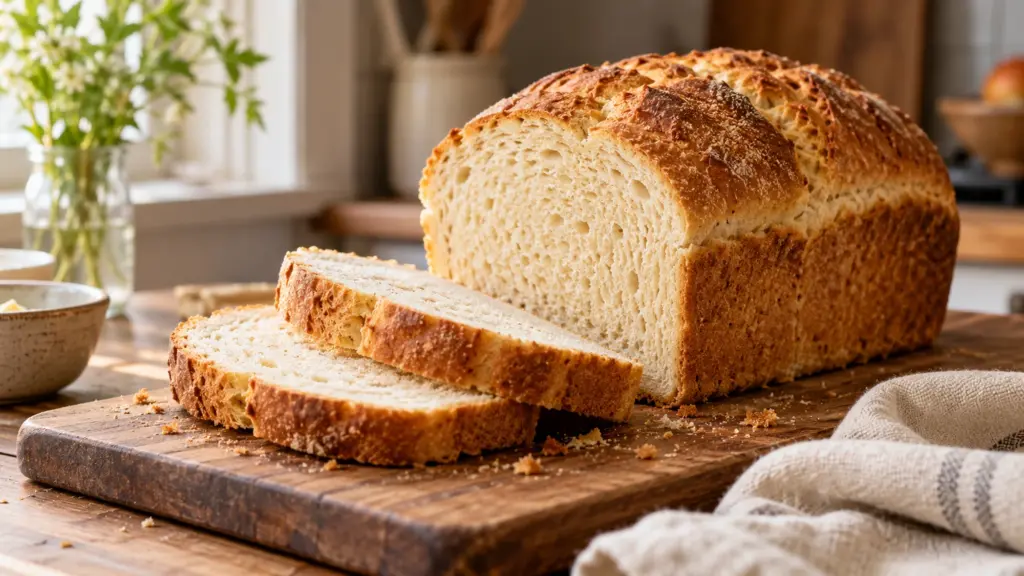Sliced rustic bread loaf on a wooden cutting board.