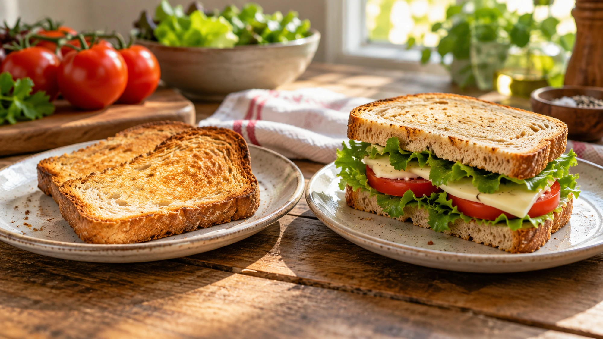 Toasted bread and a tomato, lettuce and cheese sandwich on separate plates.
