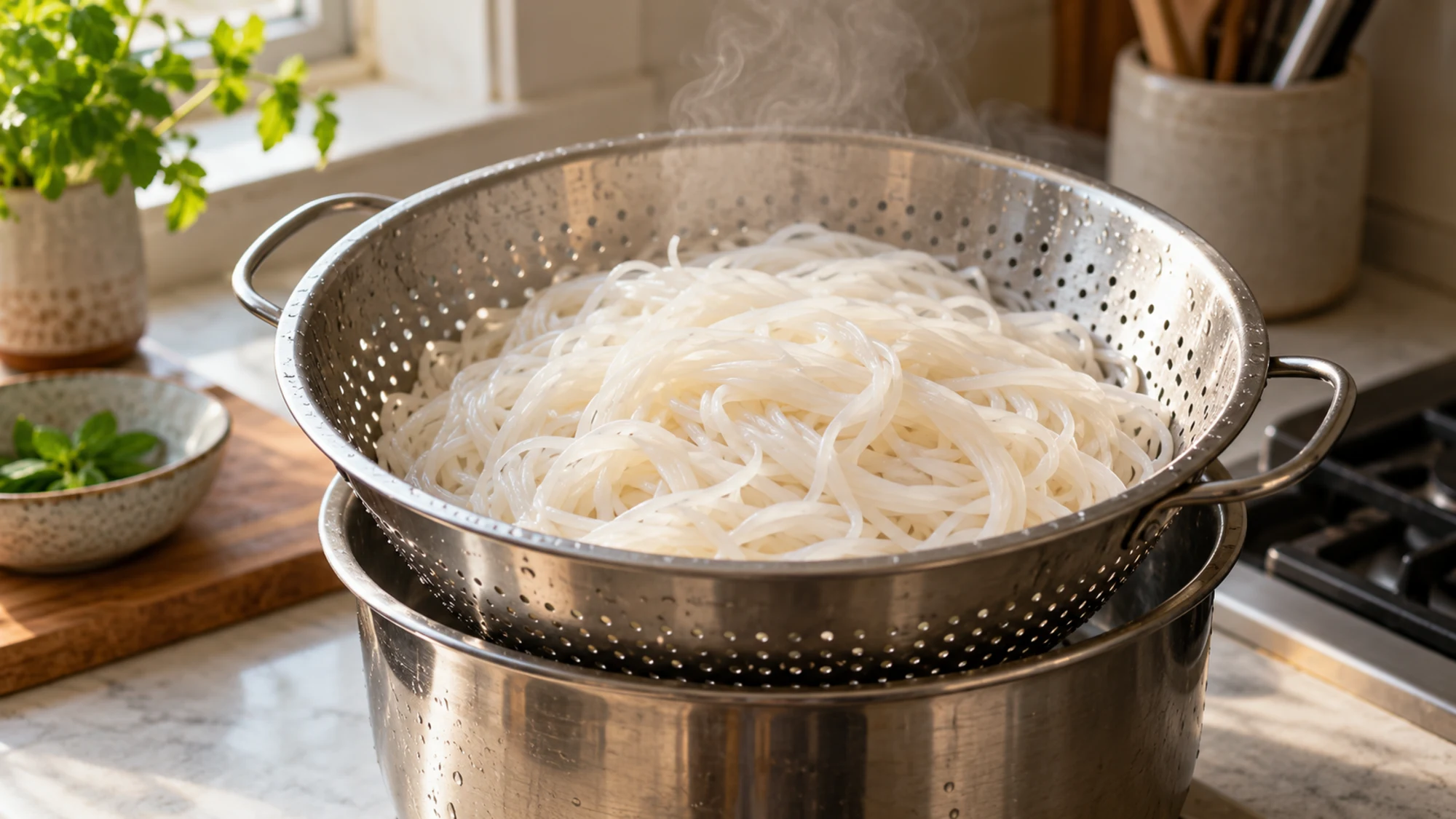 Rice noodles draining in a metal colander over a pot