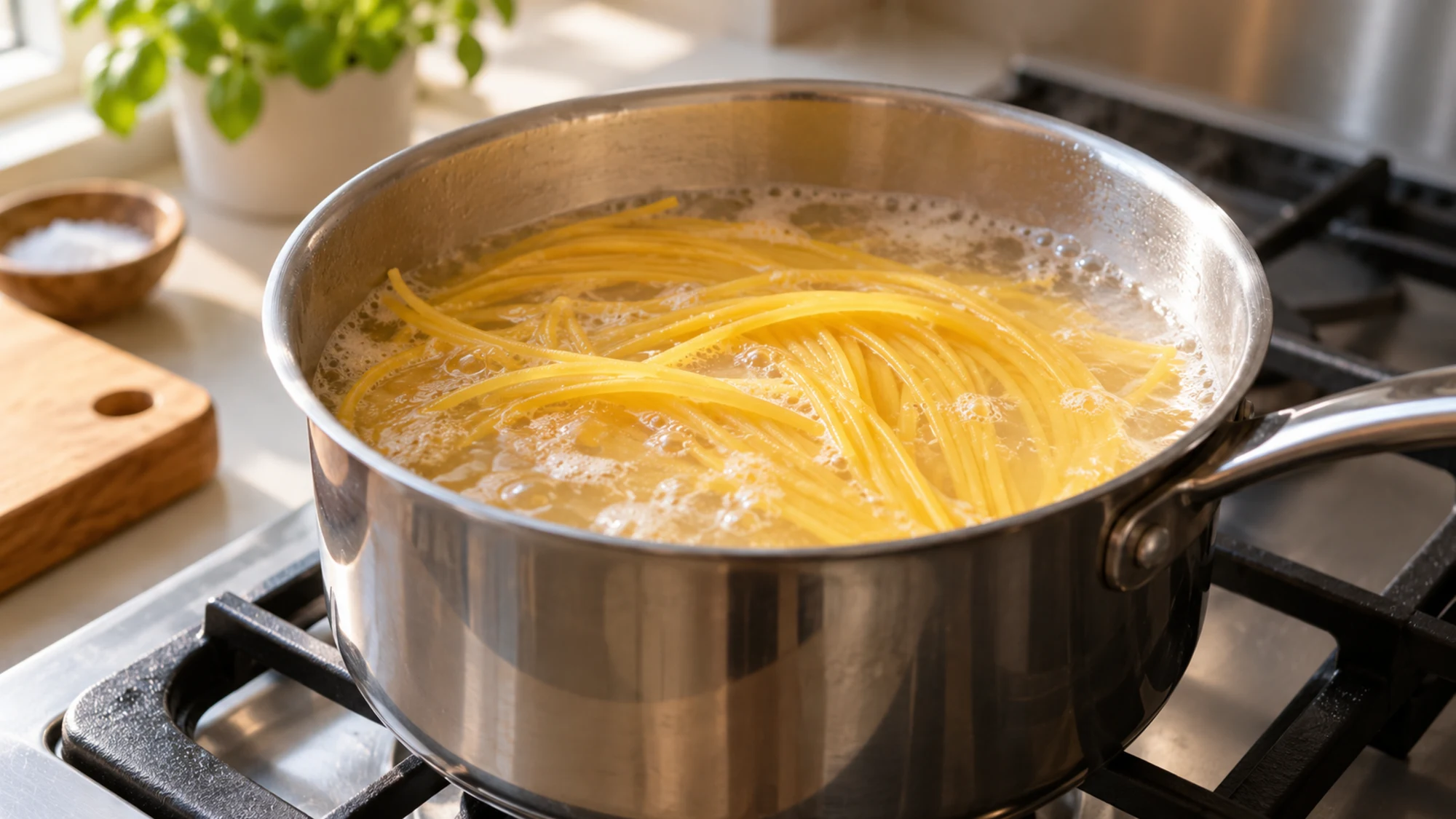 Yellow corn spaghetti simmering in a saucepan