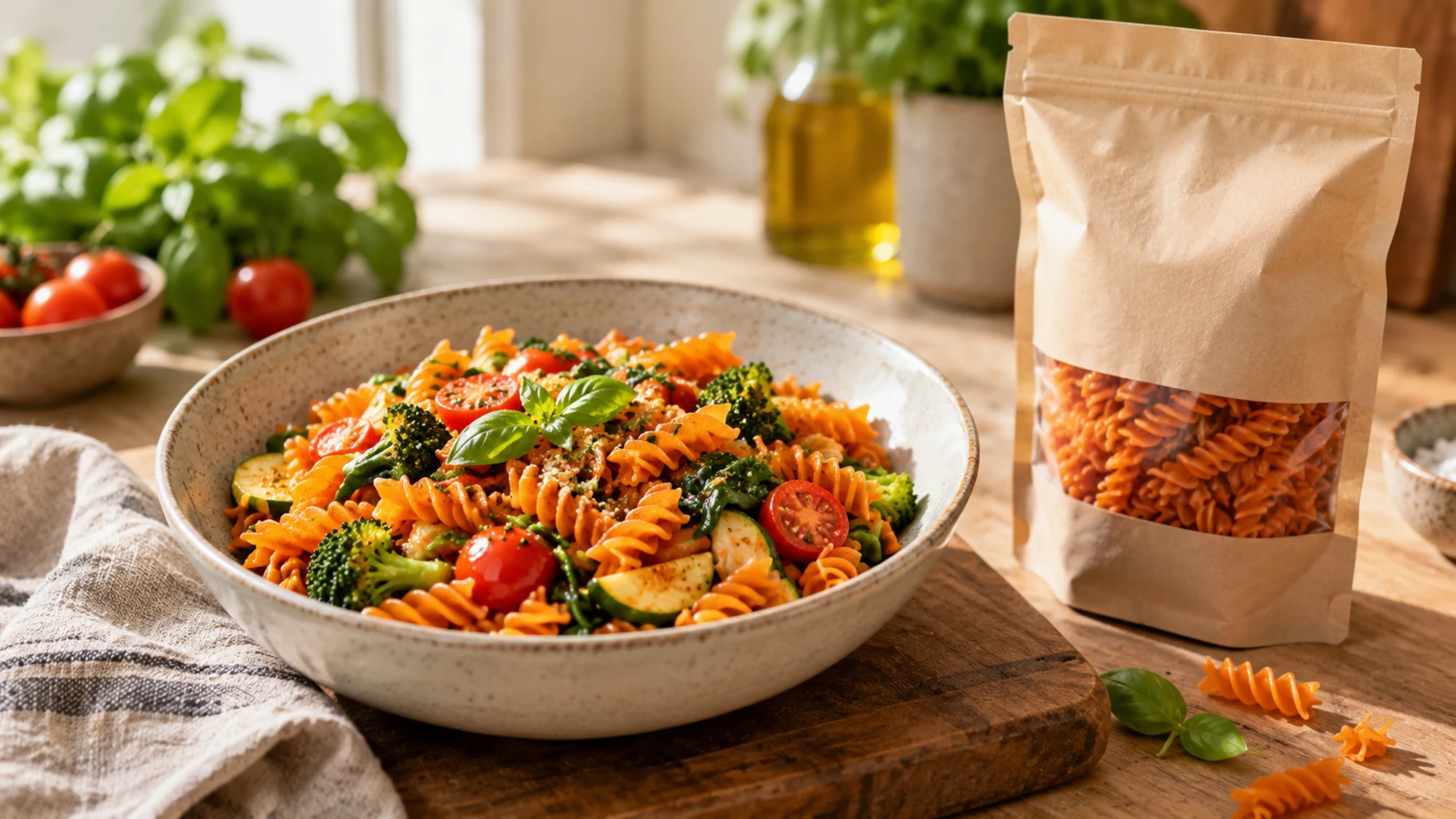 Cooked red lentil spiral pasta with vegetables