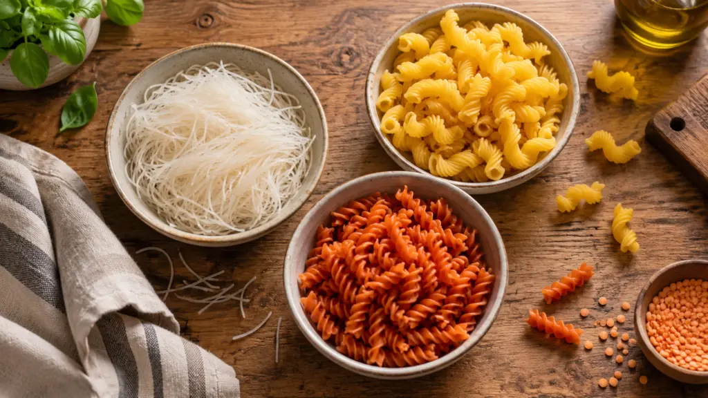 Gluten-free noodles made from rice, corn and red lentils in separate bowls