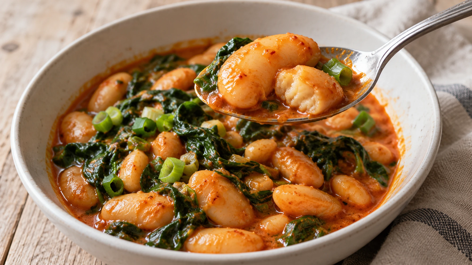Gochujang butter beans lifted on a spoon with their creamy centers and spinach visible