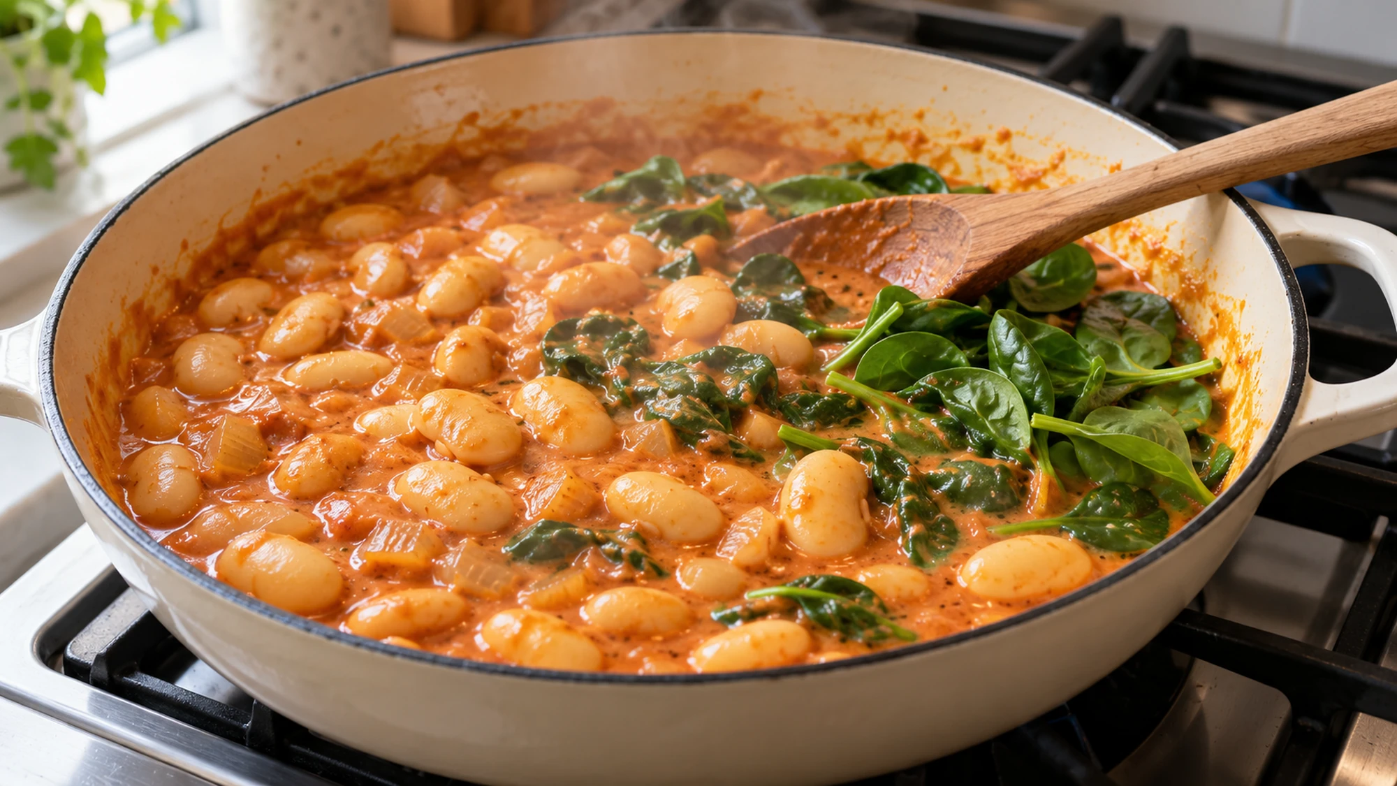 Gochujang butter beans simmering in a skillet as baby spinach begins to wilt