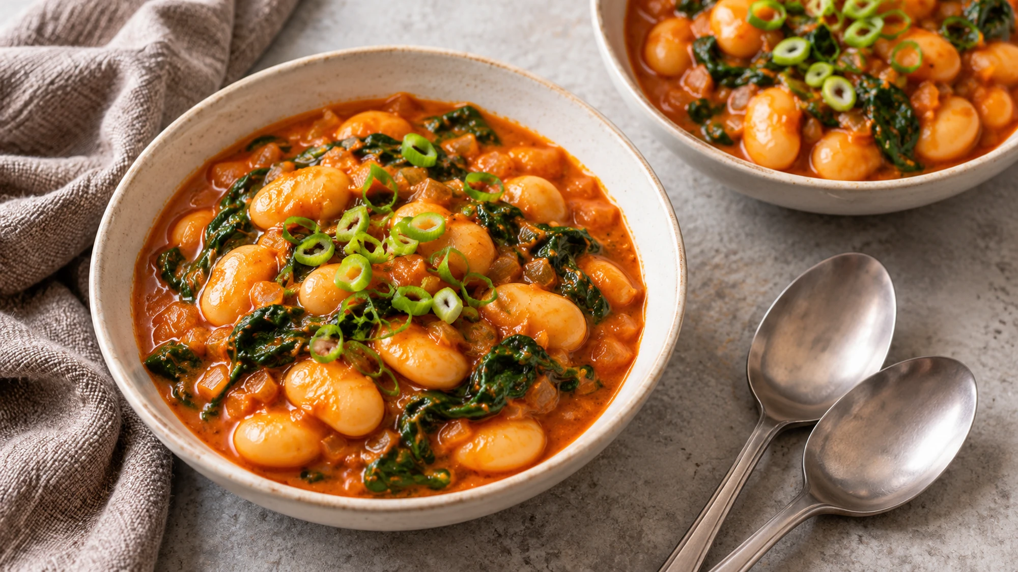 Gochujang butter beans with spinach and scallion divided between two bowls