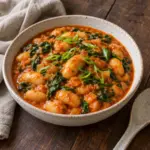 Gochujang butter beans in a speckled bowl with spinach and scallion