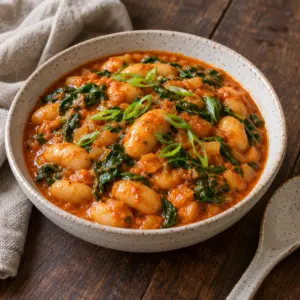 Gochujang butter beans in a speckled bowl with spinach and scallion