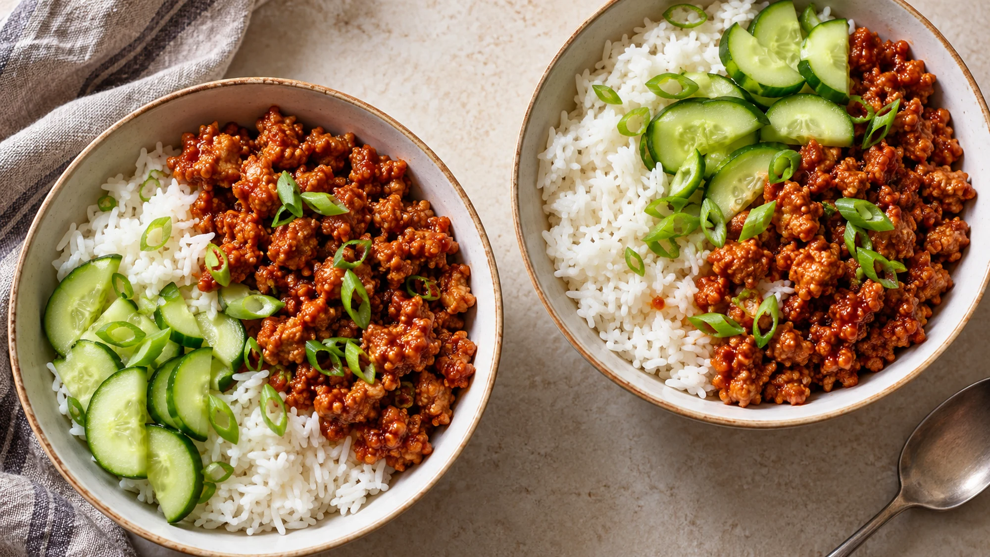 Two gochujang ground chicken bowls with rice and fresh cucumber, viewed from above