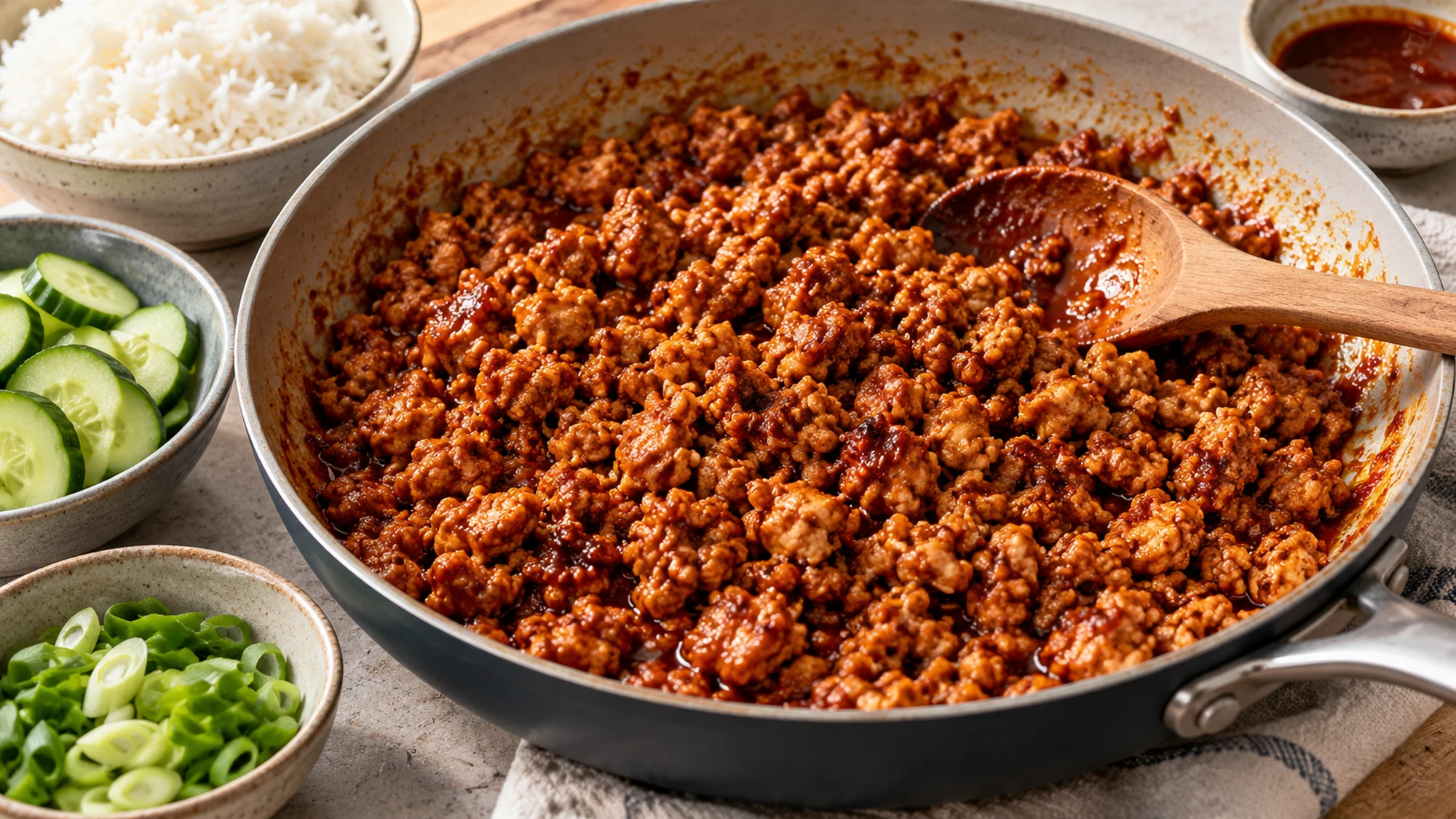 Sauced chicken crumbles in a skillet for gochujang ground chicken bowls