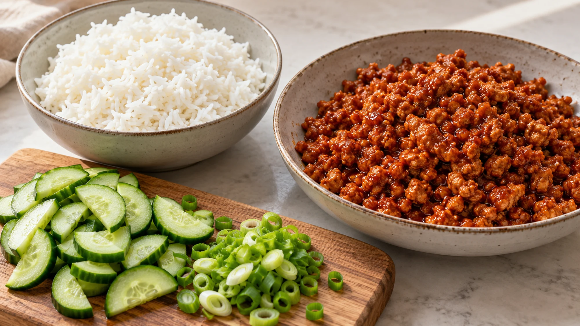 Rice, saucy chicken, cucumber, and scallions ready for assembling gochujang ground chicken bowls