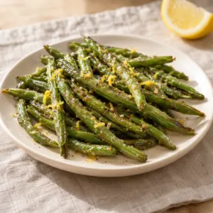 A square photograph of the green beans recipe showing a dressed serving on an ivory plate