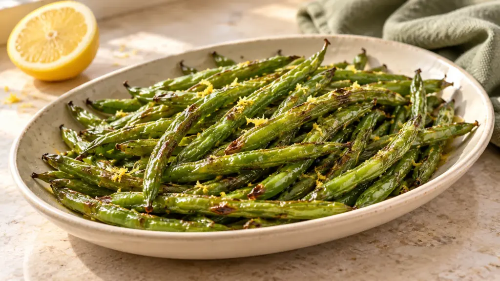 This green beans recipe served on a cream platter with browned roasting spots, lemon zest and a light mustard dressing