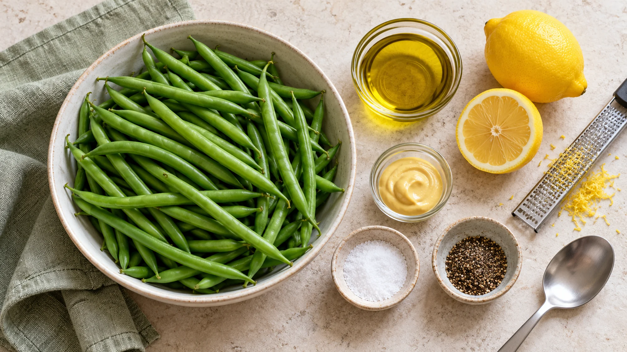 Fresh beans, olive oil, lemon, Dijon mustard, salt and black pepper for the green beans recipe