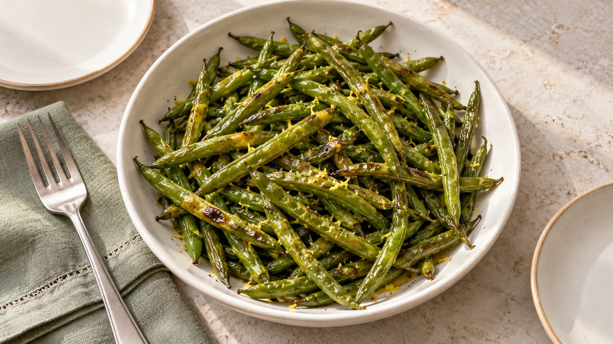A wide serving bowl of the green beans recipe with a fork and small plates alongside