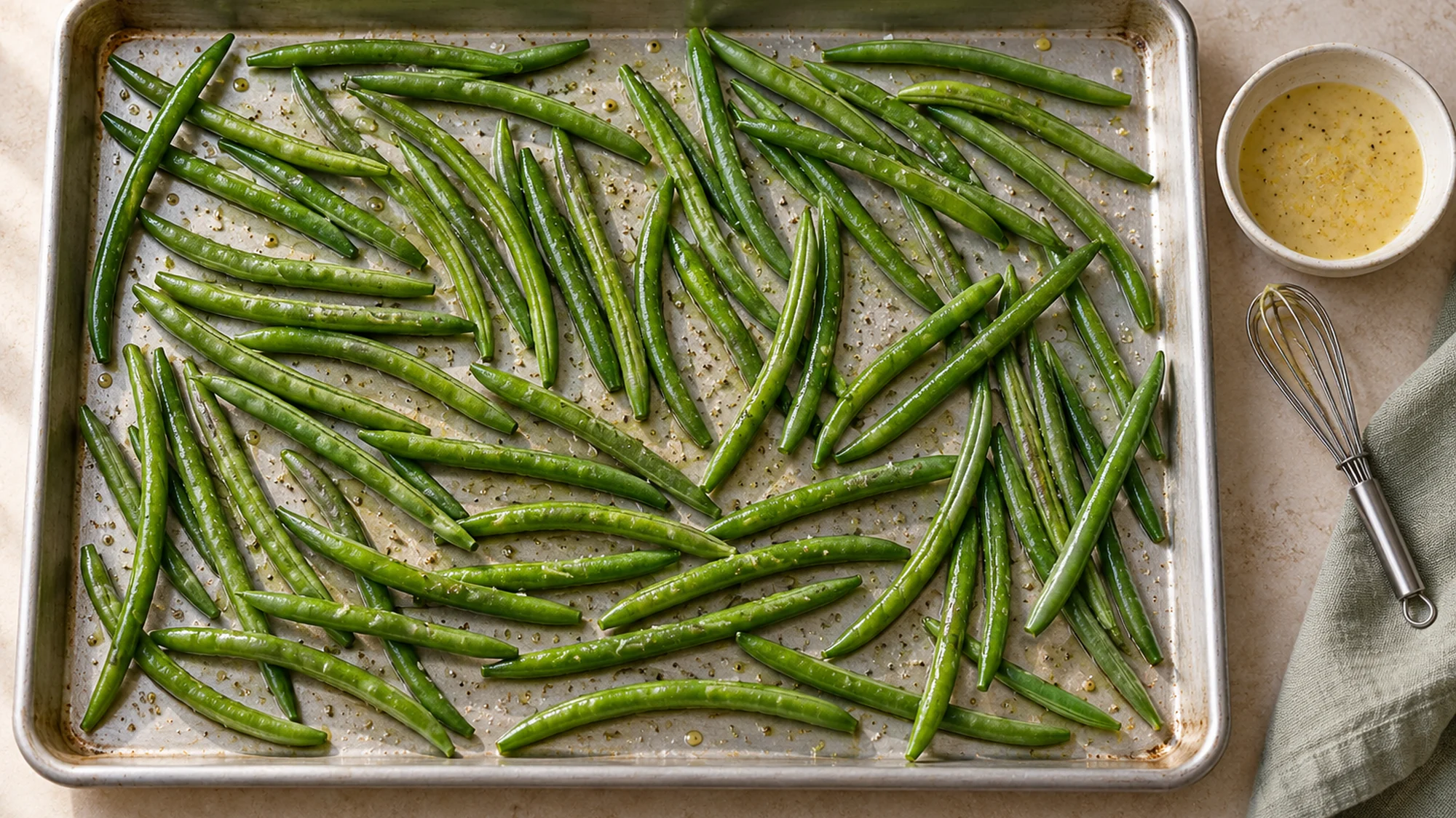 Fresh beans spread in one layer on a metal roasting tray for the green beans recipe