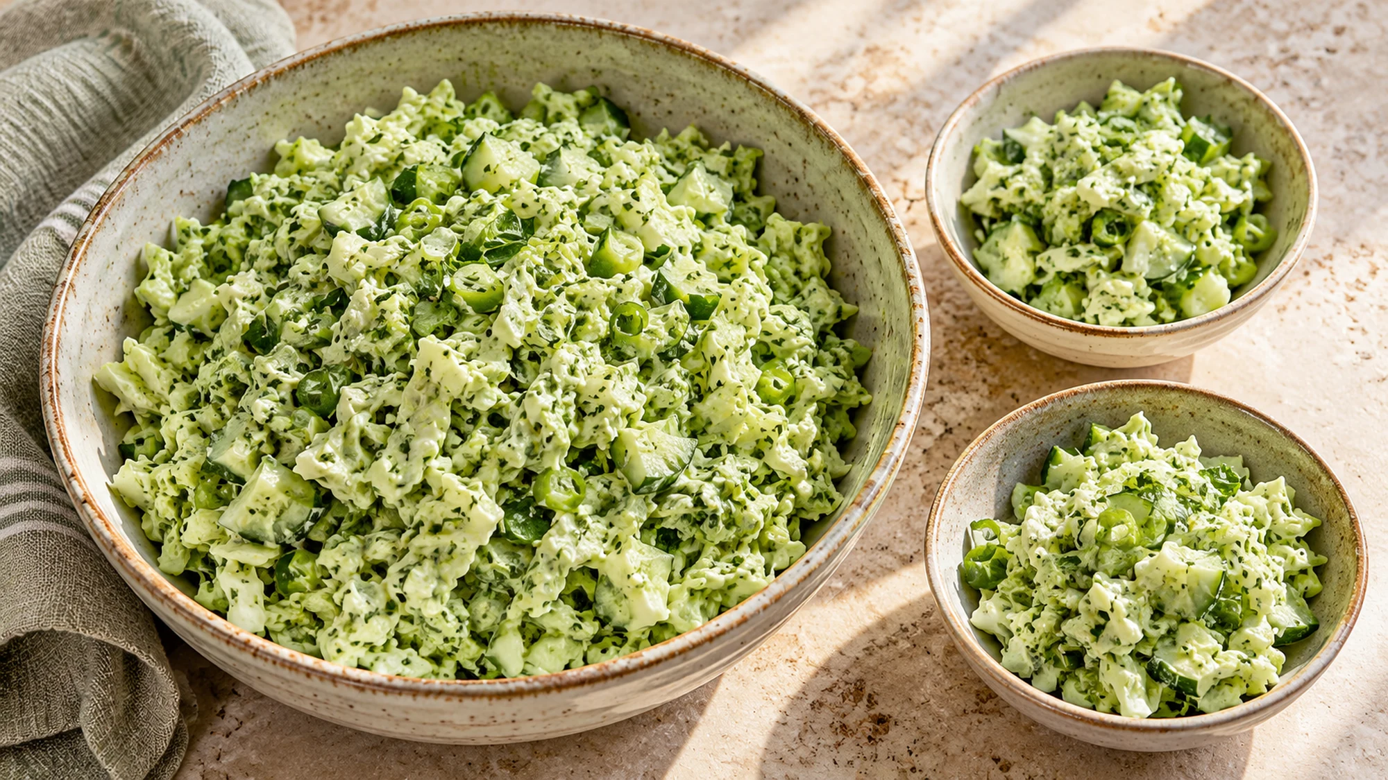 Green goddess cabbage salad in one large serving bowl and two smaller side portions