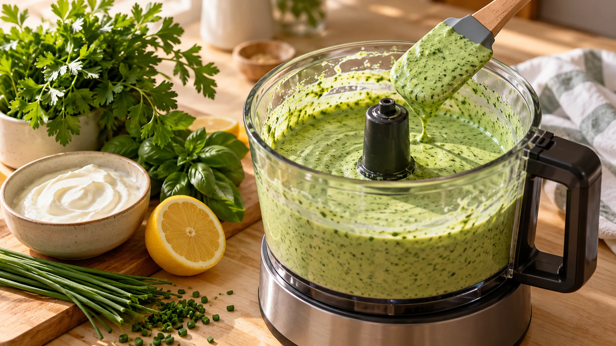 Creamy yogurt and herb dressing in a food processor for green goddess cabbage salad