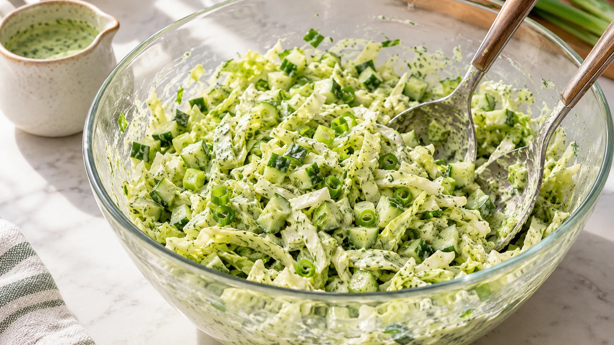 Green goddess cabbage salad tossed with lemon-herb yogurt dressing in a glass mixing bowl