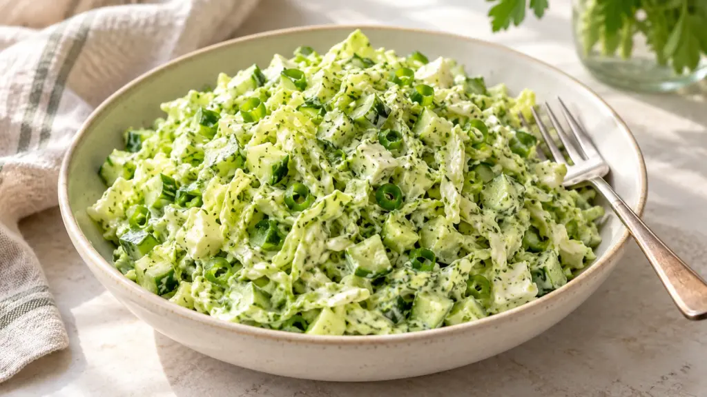 Green goddess cabbage salad with finely chopped cabbage, cucumber, scallions, and a creamy herb dressing