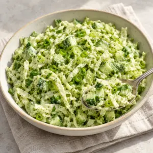 Spoonful of green goddess cabbage salad showing crisp cabbage and cucumber in creamy dressing